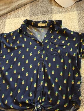 Navy Pineapple Print Button-Up Shirt - Lightweight Shirt